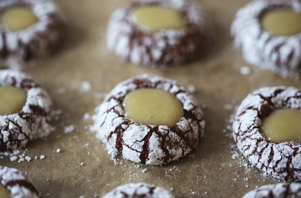 chocolate crinkle thumbprint cookies
